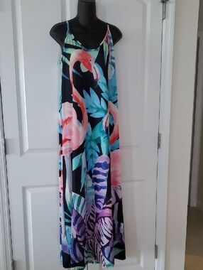 Flamingo Print Maxi Sundress XL - Black Multi